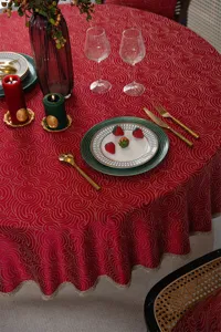 Red round tablecloth waterproof jacquard gold lace festive wedding home dining table decor