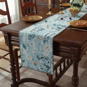 Vintage floral jacquard table runner blue dining table cover home decor aesthetic 180x35cm