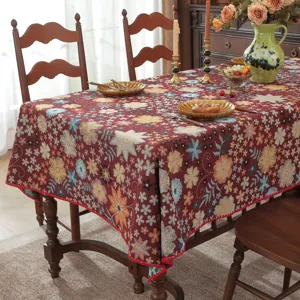 Nappe Rectangulaire Rétro Américain en Polyester Coton Teint en Fil Jacquard Fleurs Botaniques Paisley Bord Festonné pour Table Basse Salle à Manger Cuisine Antipoussière Décorative