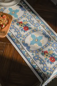 Jacquard table runner red geometric floral design polyester fabric dining table decor detail view
