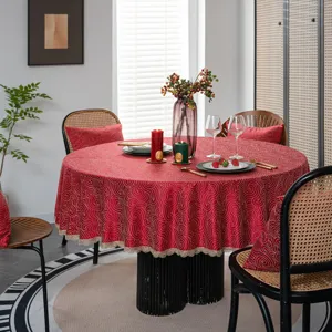 Festive Red Jacquard Waterproof Round Tablecloth With Gold Lace Edge Table Cover For Wedding New Year Home Decor