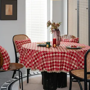 Red checkered round tablecloth with lace trim, waterproof festive table cover for dining room.
