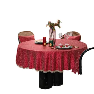 Festive red jacquard waterproof round tablecloth with gold lace for dining table New Year decor