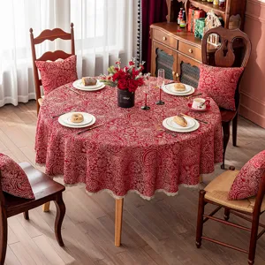 Nappe ronde jacquard festive rouge mariage dentelle dorée décoration de table à manger