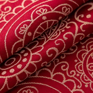 Nappe jacquard rouge festive avec motif de dentelle d'or, housse de table elegante pour mariage et fete.