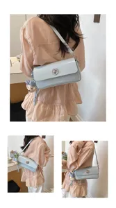 Korean style versatile solid color shoulder bag with cute bear pendant for women fashion