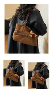 Winter vintage matte suede shoulder underarm bag, stylish commuter handbag tote for women daily wear.