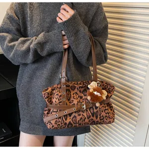 Winter retro suede shoulder bag women fashion leopard print tote handbag commuter casual purse