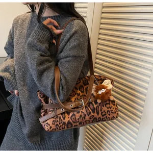 Winter vintage matte suede shoulder bag for women, stylish leopard print handbag.