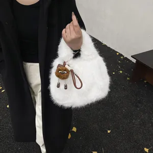 Women fluffy faux fur handbag winter cute plush top handle bag with cute plush charm