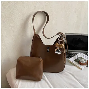 Brown hobo shoulder bag set with stylish pouch and charm, perfect for daily commuting and fashion wear.