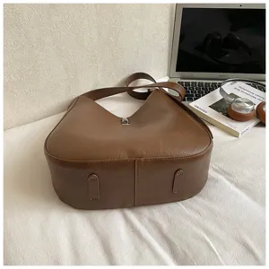 Brown leather shoulder bag stylish underarm commuter crossbody bag for women winter daily use