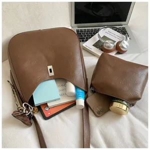 Trendy brown leather bucket hobo bag set for women, stylish commuter shoulder handbag.