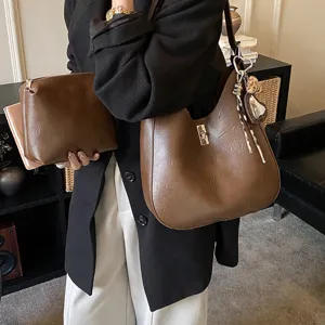 Women brown shoulder bag hobo underarm mother-child bag stylish PU leather handbag