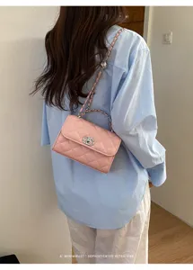Pink quilted shoulder bag with chain strap, minimalist retro style daily crossbody bag.