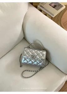 Silver quilted chain shoulder bag, stylish luxury crossbody bag for women daily wear.