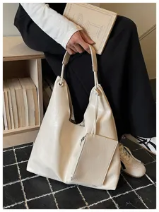 Minimalist soft leather tote bag casual shoulder hobo bag with small front pouch detail