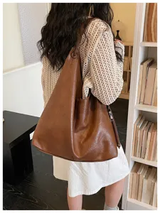 Vintage soft leather brown slouchy tote bag, minimalist large capacity shoulder underarm bag.