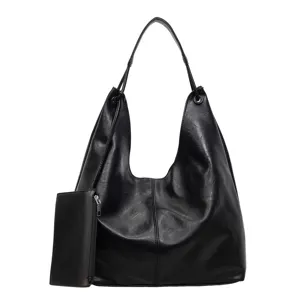 Black soft leather minimalist large capacity tote bag, casual shoulder underarm bag for women.