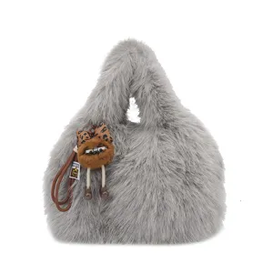 Grey fluffy faux fur handbag winter plush tote bag cute monster pendant women shoulder bag