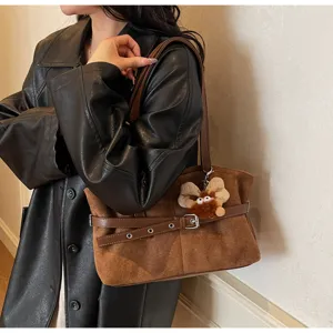 Winter retro frosted suede shoulder underarm bag for women, stylish commuting tote bag with plush.