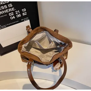 Winter vintage frosted suede shoulder underarm bag commuter tote bag with plush charm for women
