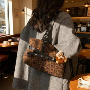 Vintage leopard print suede shoulder bag, stylish winter women tote bag for daily commute.
