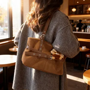 Vintage brown suede shoulder bag for women winter retro underarm tote casual daily purse