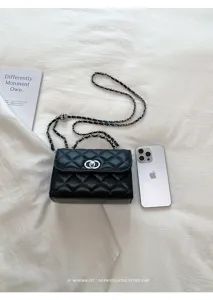 Black quilted chain shoulder bag, classic luxury style small square bag with metal clasp.