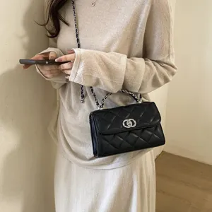 Elegant black quilted chain shoulder bag with classic metal clasp design for women stylish use.