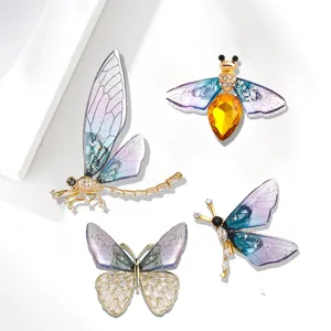 Luxurious Alloy Rhinestone Insect Brooch Niche Design Gold Dragonfly Butterfly Bee Plant Wheat Brooch Pin For Suit Coat Women Men Accessory