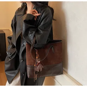 Stylish women brown tote bag large capacity suede patchwork shoulder bag with cute bear charm