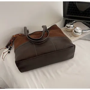 Brown colorblock tote bag for women, large capacity suede and leather shoulder bag.