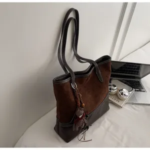 Women large capacity spliced tote bag winter matte texture fashion chic brown shoulder bag