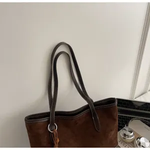 Brown suede tote bag for women, large capacity shoulder bag with double straps and metal ring.