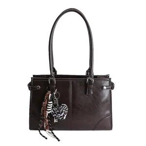 Vintage brown shoulder tote bag for women, large capacity daily commuting elegant handbag.
