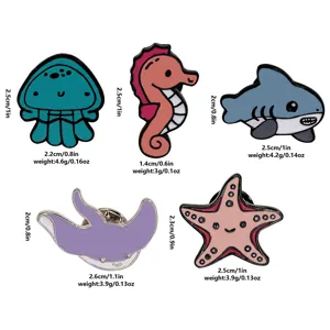 Detailed close-up view of cute marine animal metal brooches with size and weight specs.