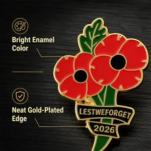 Detalle de broche de flor de amapola exquisita, esmalte de aleación para recuerdo de veteranos.