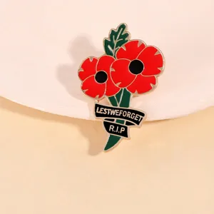 Precioso broche de amapola de esmalte con texto Lest We Forget, accesorio de moda elegante.