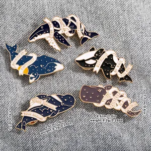 Cute whale enamel pin set, metal cartoon brooch badge for bags and clothes, stylish daily wear.