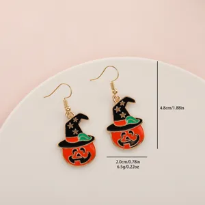 Halloween pumpkin witch hat drop earrings, cute spooky orange alloy fashion jewelry for women.