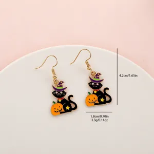 Halloween black cat pumpkin drop earrings detail view, showing exact size and 3.3g weight.