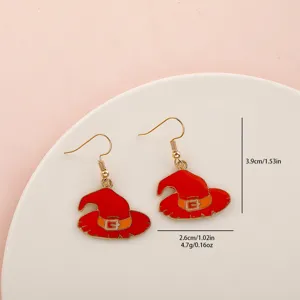 Halloween red witch hat drop earrings with cute enamel design for festive party wear.