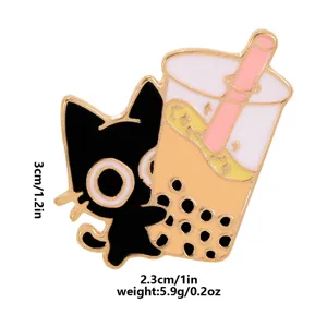 Cute black cat milk tea enamel pin, creative metal lapel badge for bags and clothes detail.