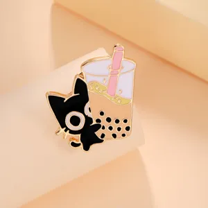 Cartoon cat bubble tea enamel pin brooch, cute lapel badge for bag clothing accessory