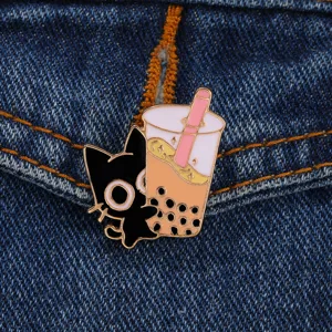 Cute black cat boba milk tea enamel pin lapel badge for bags and clothes fashion jewelry