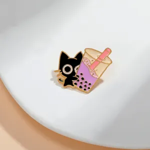Cute black cat boba tea enamel pin fashion lapel badge lovely cartoon backpack accessory