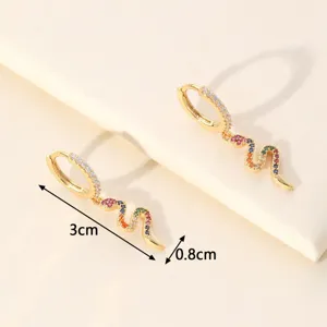 Vue détaillée des boucles d'oreilles créoles pendentif serpent zirconium arc-en-ciel.
