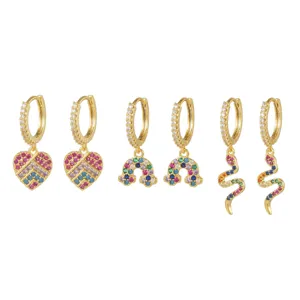 Ensemble de boucles d'oreilles créoles en zircone colorée plaqué or 18k pour femmes