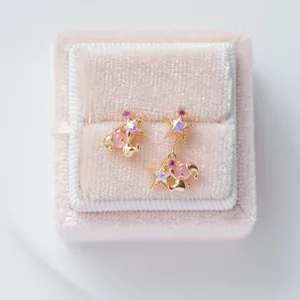 Süße rosa Bär Stern Mond Zirkon Anhänger Ohrstecker mit 925er Silber Nadel, elegante Schmuck.
